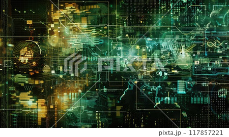 A digital interface displaying layers of encrypted data and security protocols, with intricate patterns  A digital interface displaying layers of encrypted data and security protocols, with intricate patterns  117857221