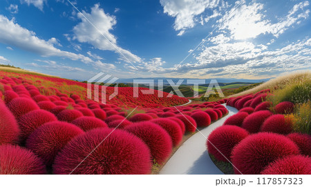 赤いコキアの広大な景色 117857323
