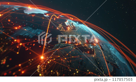 3D illustration of a rotating globe, with intricate networks of glowing lines emanating from major cities. 117857503