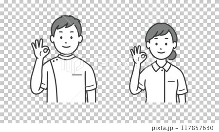 Upper body illustration of a male and female nurse making an OK pose 117857630