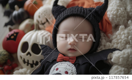 小さな吸血鬼風コスチュームの日本の新生児 小さな吸血鬼風コスチュームの日本の新生児 117857654