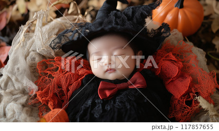 小さな吸血鬼風コスチュームの日本の新生児 小さな吸血鬼風コスチュームの日本の新生児 117857655