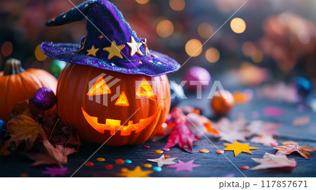 ハロウィンの可愛らしいジャック・オー・ランタン 117857671