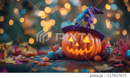 ハロウィンの可愛らしいジャック・オー・ランタン 117857672