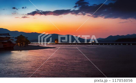 夕焼けに染まる海 117858056