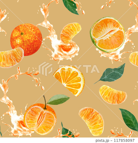 Orange, mandarine, whole, sliced with juice splash watercolor seamless pattern on muted orange background, hand drawn for culinary, textile, packages design, wrapping paper, posters, cafe menu decor 117858097