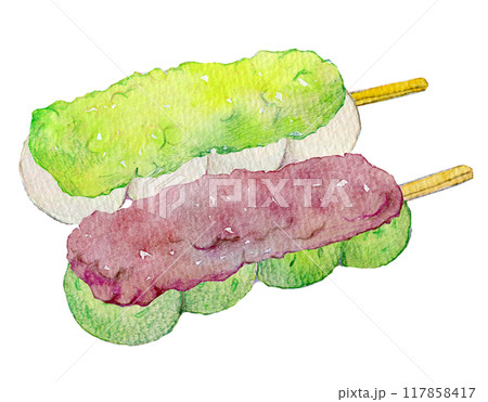水彩イラスト　美味しそうな団子　よもぎとずんだ 117858417