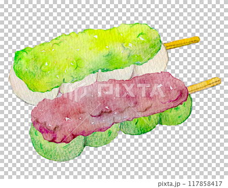 水彩插圖看起來美味的團子艾蒿和 zunda 117858417