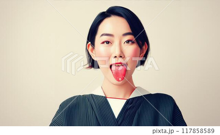 白い背景の前で正面を見つめる舌を出している女性 117858589
