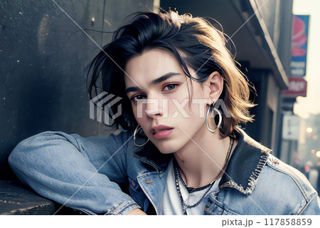 屋外の壁にもたれるイケメン男性,generative ai 117858859