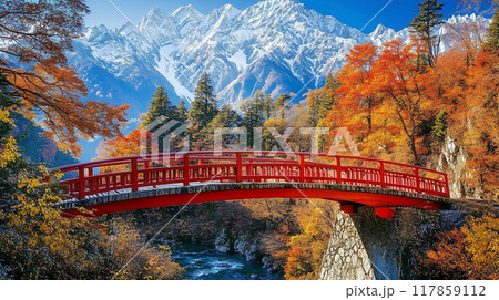 秋の山岳地帯の俯瞰風景 117859112