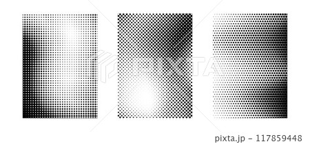 Grunge halftone gradient background set. White and black grit sand noise texture collection. Retro dotted pixelated raster backdrop pack. Cartoon polka dot overlay for banner, poster, print. Vector 117859448