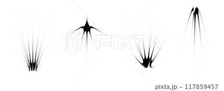 Black thin spiky element set. Abstract thorn semicircle shapes and angular twinkles bundle. Futuristic spokes objects for poster, collage, banner, logo, card, icon, label, sticker, badge. Vector Black thin spiky element set. Abstract thorn semicircle shapes and angular twinkles bundle. Futuristic spokes objects for poster, collage, banner, logo, card, icon, label, sticker, badge. Vector 117859457