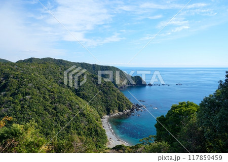 青空を背景にした土佐湾の青海原と帷子崎の磯風景　Ver2 117859459