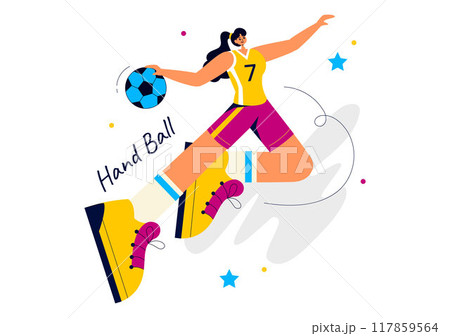 Handball Vector Illustration of a Player Touching the Ball and Scoring a Goal During a Sports Competition in a Flat Style Cartoon Background 117859564