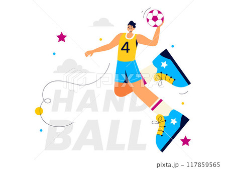 Handball Vector Illustration of a Player Touching the Ball and Scoring a Goal During a Sports Competition in a Flat Style Cartoon Background 117859565