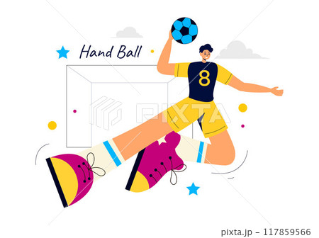 Handball Vector Illustration of a Player Touching the Ball and Scoring a Goal During a Sports Competition in a Flat Style Cartoon Background Handball Vector Illustration of a Player Touching the Ball and Scoring a Goal During a Sports Competition in a Flat Style Cartoon Background 117859566