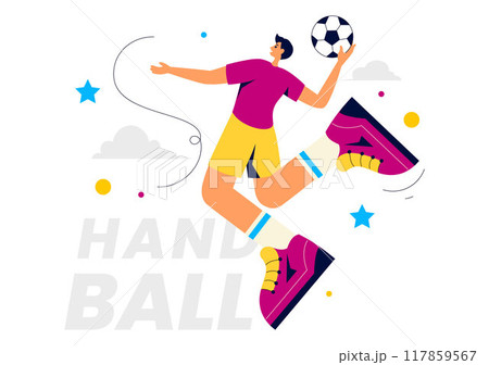Handball Vector Illustration of a Player Touching the Ball and Scoring a Goal During a Sports Competition in a Flat Style Cartoon Background Handball Vector Illustration of a Player Touching the Ball and Scoring a Goal During a Sports Competition in a Flat Style Cartoon Background 117859567