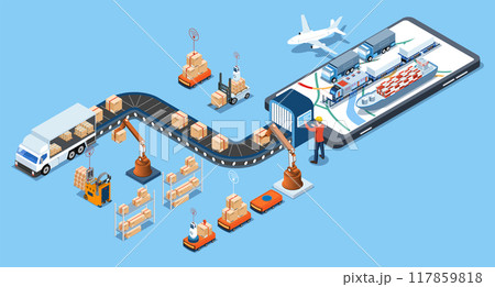 Automated Guided Vehicles (AGVs) with 5G-enabled mobile tech, vision systems, and virtual mapping revolutionize logistics, boosting transport efficiency and smart warehouse management. vector eps10 Automated Guided Vehicles (AGVs) with 5G-enabled mobile tech, vision systems, and virtual mapping revolutionize logistics, boosting transport efficiency and smart warehouse management. vector eps10 117859818
