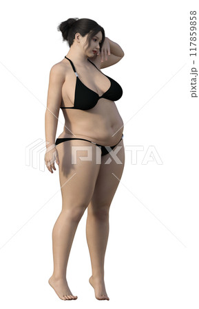 ビキニ姿の太った女性のイラスト かわいい日本人3Dモデルの全身横向き 右向き 117859858
