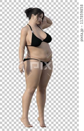 ビキニ姿の太った女性のイラスト かわいい日本人3Dモデルの全身横向き 右向き 117859858