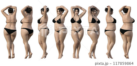 黒いビキニ姿の太った女性の全身 正面 横 後ろ 斜め 360度の3Dイラストセット バリエーション 黒いビキニ姿の太った女性の全身 正面 横 後ろ 斜め 360度の3Dイラストセット バリエーション 117859864
