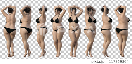 黒いビキニ姿の太った女性の全身 正面 横 後ろ 斜め 360度の3Dイラストセット バリエーション 黒いビキニ姿の太った女性の全身 正面 横 後ろ 斜め 360度の3Dイラストセット バリエーション 117859864