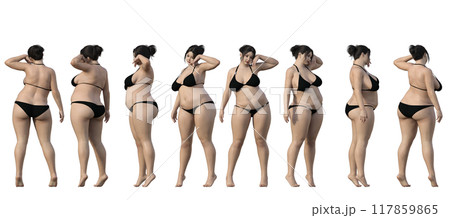黒い水着姿の太った女性の全身 正面 横 後ろ 斜め 360度の3Dイラストセット バリエーション 黒い水着姿の太った女性の全身 正面 横 後ろ 斜め 360度の3Dイラストセット バリエーション 117859865