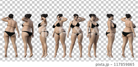 黒い水着姿の太った女性の全身 正面 横 後ろ 斜め 360度の3Dイラストセット バリエーション 黒い水着姿の太った女性の全身 正面 横 後ろ 斜め 360度の3Dイラストセット バリエーション 117859865