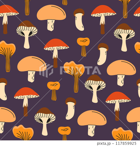 Seamless pattern with forest mushrooms. Vector illustration. Autumn harvest. Illustration in a flat style. Seamless pattern with forest mushrooms. Vector illustration. Autumn harvest. Illustration in a flat style. 117859925