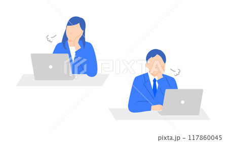 PCを前に頬杖をついてため息をするビジネスパーソンの男女のイラスト 117860045