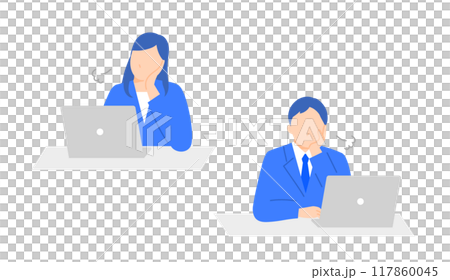 PCを前に頬杖をついてため息をするビジネスパーソンの男女のイラスト 117860045