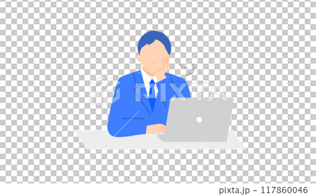 Illustration of a male business person sighing while resting his chin in front of a PC 117860046