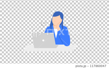 Illustration of a business woman sighing while resting her chin on her hand in front of a PC 117860047