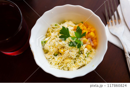 Vegetarian salad with corn, cheese and mayonnaise Vegetarian salad with corn, cheese and mayonnaise 117860824