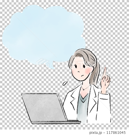 一位面容困擾、講話泡泡蓬鬆的女醫生在網路上諮詢時交談 117861045