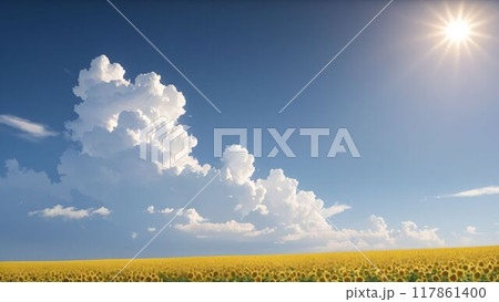 夏空とひまわり畑と入道雲 117861400