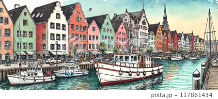 海外の港町の風景3　川沿いに建ち並ぶカラフルな家々と港に停泊した船　水彩画風【AI生成画像】 117861434