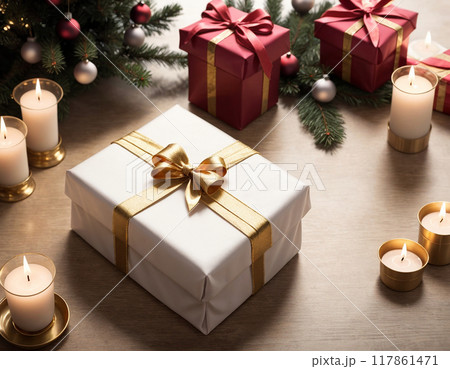 Lovely Christmas background with gifts and decorations 117861471