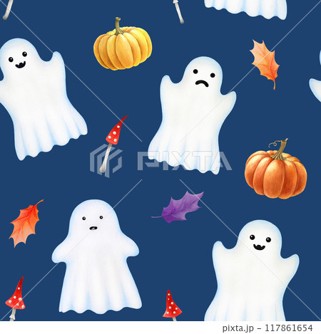 Halloween cute ghost decor seamless pattern. Hand drawn illustration. Spooky ghosts, pumpkins, leaf and mushroom on dark background. For Halloween decoration gift packaging, printing, wrapping paper Halloween cute ghost decor seamless pattern. Hand drawn illustration. Spooky ghosts, pumpkins, leaf and mushroom on dark background. For Halloween decoration gift packaging, printing, wrapping paper 117861654