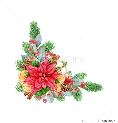 Winter season floral decor with spices, fruit, pine, eucalyptus. Watercolor vintage style illustration. Christmas festive decor from conifer, red berries, poinsettia, cinnamon, orange slices isolated Winter season floral decor with spices, fruit, pine, eucalyptus. Watercolor vintage style illustration. Christmas festive decor from conifer, red berries, poinsettia, cinnamon, orange slices isolated 117861657