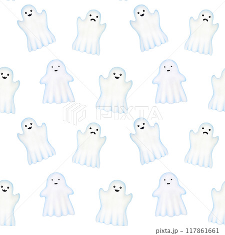 Halloween funny ghosts decor seamless pattern. Hand drawn illustration. Spooky ghost and spirit elements fly on white background. For Halloween decoration gift packaging, printing, wrapping paper Halloween funny ghosts decor seamless pattern. Hand drawn illustration. Spooky ghost and spirit elements fly on white background. For Halloween decoration gift packaging, printing, wrapping paper 117861661