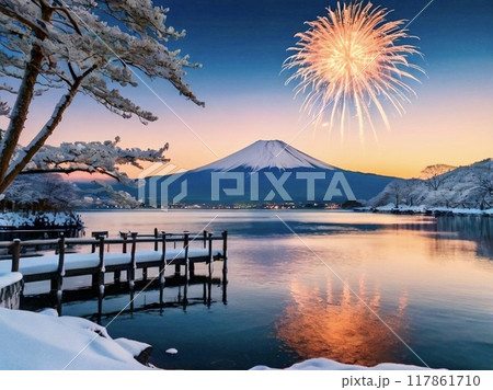 夕暮れの富士山と花火 117861710