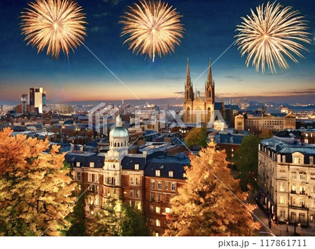 花火が上がる秋のヨーロッパの街並み 117861711