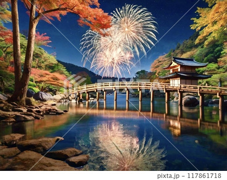 木造橋と紅葉と花火 117861718