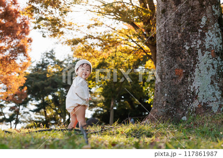 秋の公園で遊ぶ1歳児 秋の公園で遊ぶ1歳児 117861987