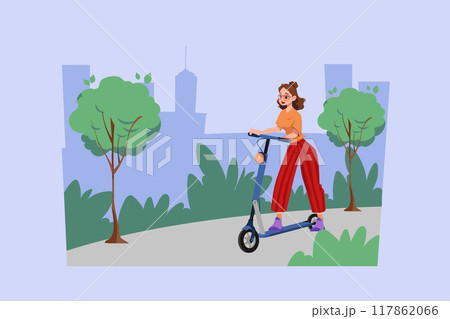 Woman riding electronic vehicle scooter 117862066
