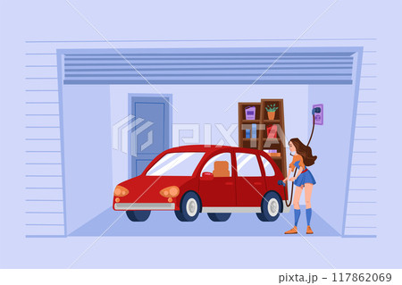 Woman Charging an electric car at home 117862069