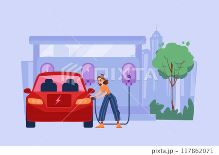 Woman charges electric car at the power center 117862071