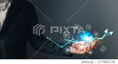 A person holding global and graph stock to plan and target in business, the use of online digital market network technology in smart business.Big data analytics intelligence concept.AI management. A person holding global and graph stock to plan and target in business, the use of online digital market network technology in smart business.Big data analytics intelligence concept.AI management. 117862216
